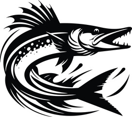 Pike Fish Silhouette in Striking Pose Vector Illustration