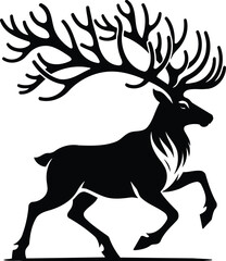 Reindeer silhouette with elegant antlers in graceful stride