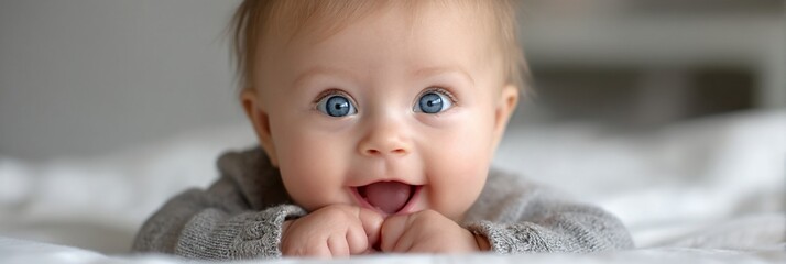 Adorable baby girl with bright eyes, laying on a bed, looking directly at the camera