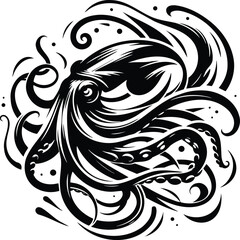 Graceful Squid Silhouette with Dynamic Swirling Tentacles