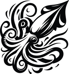 Elegant Squid Silhouette with Swirling Tentacles in Underwater Motion