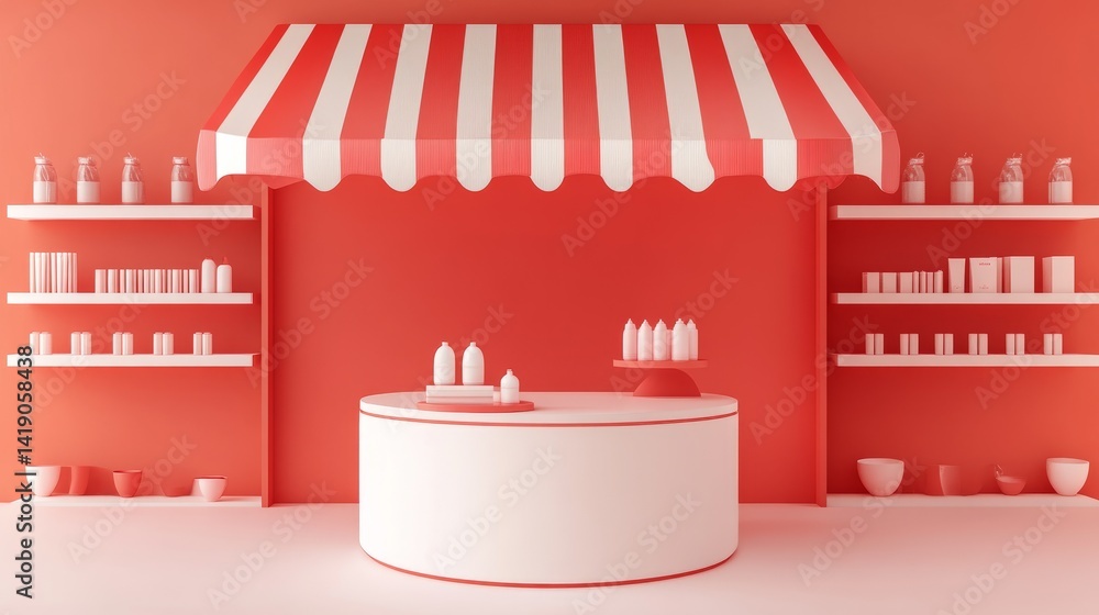 Poster minimal product display setup with red and white striped overhead awning, shelf space, and central r