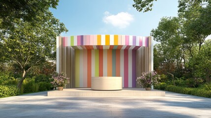 Outdoor event booth mockup with vibrant striped awning and a central round podium, ideal for brand activations
