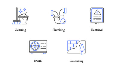 Facility Services Icon Set. Cleaning, Plumbing, Electrical, HVAC, and Concreting Symbols in Minimal Color Line Style. Editable Stroke.