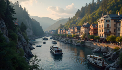 Picturesque River Town Golden Light European Architecture Representing Travel Destination at Sunset