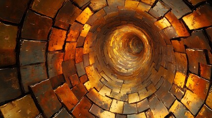 Fototapeta premium Circular tunnel of golden, patterned tiles