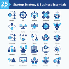 Startup Strategy & Business Essentials is a collection of icons in sheet format representing key elements of startup management, from funding and branding to growth strategies.