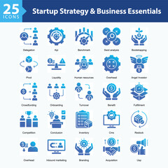 Startup Strategy & Business Essentials is a collection of icons in sheet format representing key elements of startup management, from funding and branding to growth strategies.