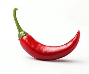 Küchenrückwand glas motiv Scharfe Chili-pfeffer A single, ripe red chili pepper with a green stem, isolated against a white background  © Abuabdurrahman