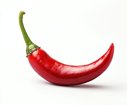 A single, ripe red chili pepper with a green stem, isolated against a white background