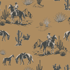Cute Rodeo Cowboys seamless vector pattern. desert landscape with cacti repeating background. Wild West surface pattern design for All fabric and Prints