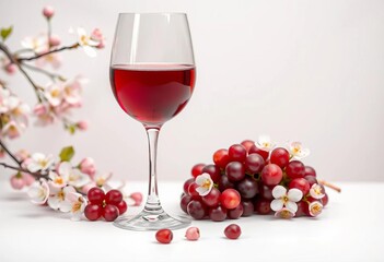 Red wine glass, grapes, spring blossoms, white table, empty space, isolated, springtime