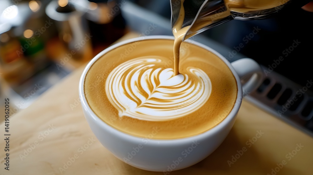 Aufkleber skilled barista pouring and shaping an advanced 3d latte art design with intricate details and patte