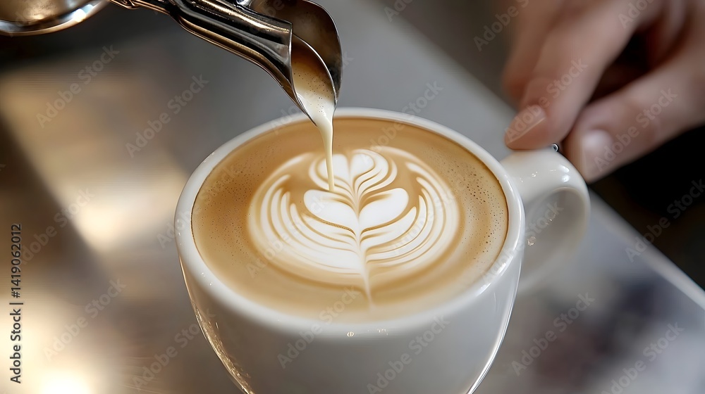 Poster barista pouring an intricate 3d latte art design with sophisticated patterns and textures formed by 