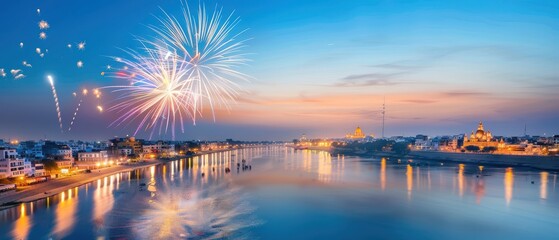 Fireworks display celebrating indian festival over skyline evening aerial view vibrant atmosphere