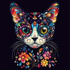 Striking Day of the Dead Cat Art: Floral Sugar Skull