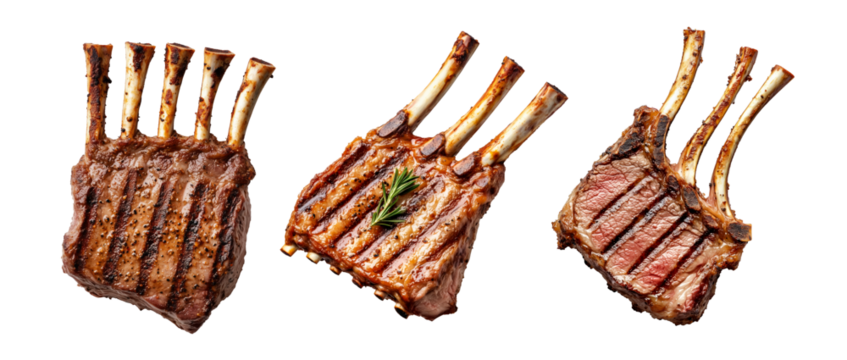 Juicy grilled rack of lamb with char marks, seasoned and cooked to perfection, isolated on white transparent background, concept of gourmet cuisine
