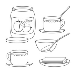 Jar of apricot jam, two cups of tea or coffee, glass jam bowl and a few slices of bread or crackers. Coloring page of tea time.