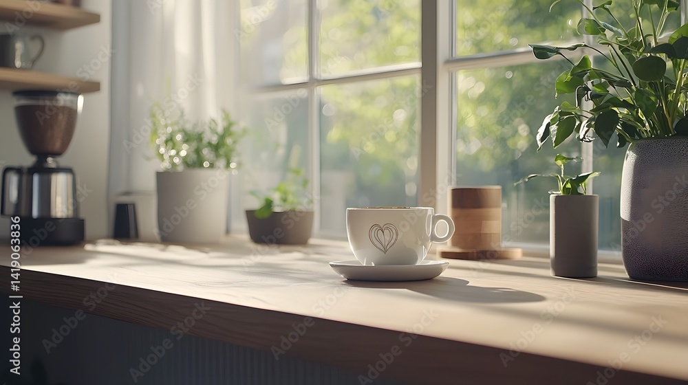 Poster expertly crafted latte art in a stylish caf setting with soft natural light streaming through large 