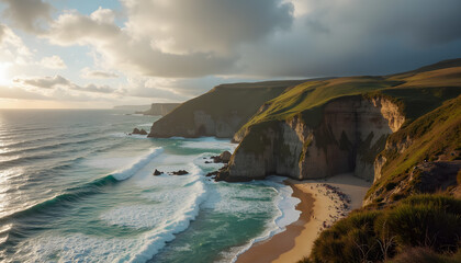Obraz premium People gathering peaceful on secluded beach against rugged cliffs and teal ocean [with copy space]