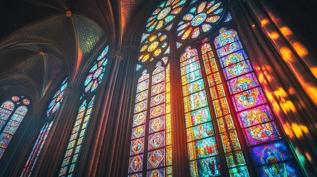 Sunlight shining through colorful stained glass windows in church. Ai generative