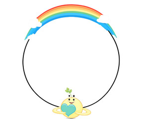 Obraz premium Whimsical Planet Illustration, Adorable Character Holding Heart Under a Vibrant Rainbow, Symbolizing Love, Growth, and Joy in a Colorful and Charming Scene