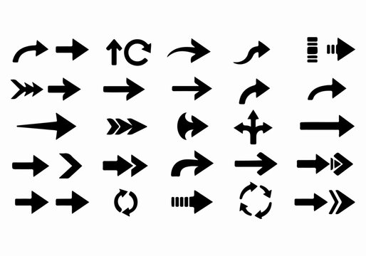 Collection of Black Arrow Vector Icons. A compilation of twenty-four distinct black arrow icons, each with a unique style and direction, presented in a grid format on a white background.