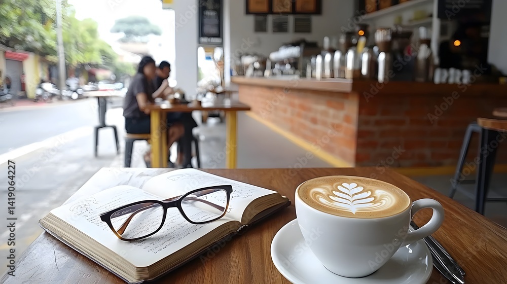 Poster Cozy and Inviting Caf Setting with Delicate Latte Art Open Book and Pair of Glasses on Wooden Table Surface