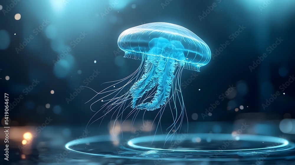Poster a captivating and surreal visual of a hyperreal floating jellyfish surrounded by glowing planetary r
