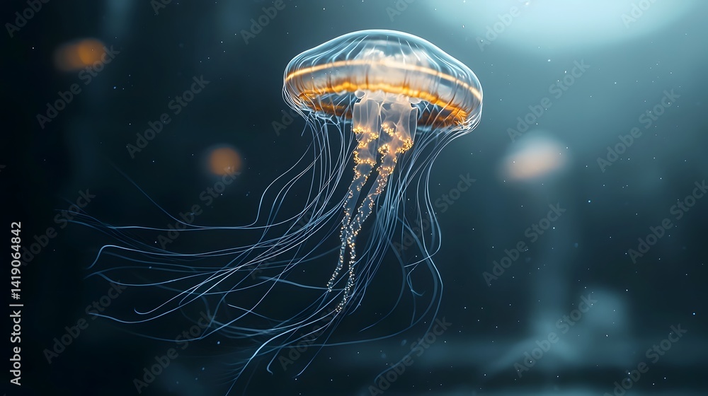 Poster ethereal and captivating image of a floating jellyfish emitting a soft neon bioluminescent glow surr