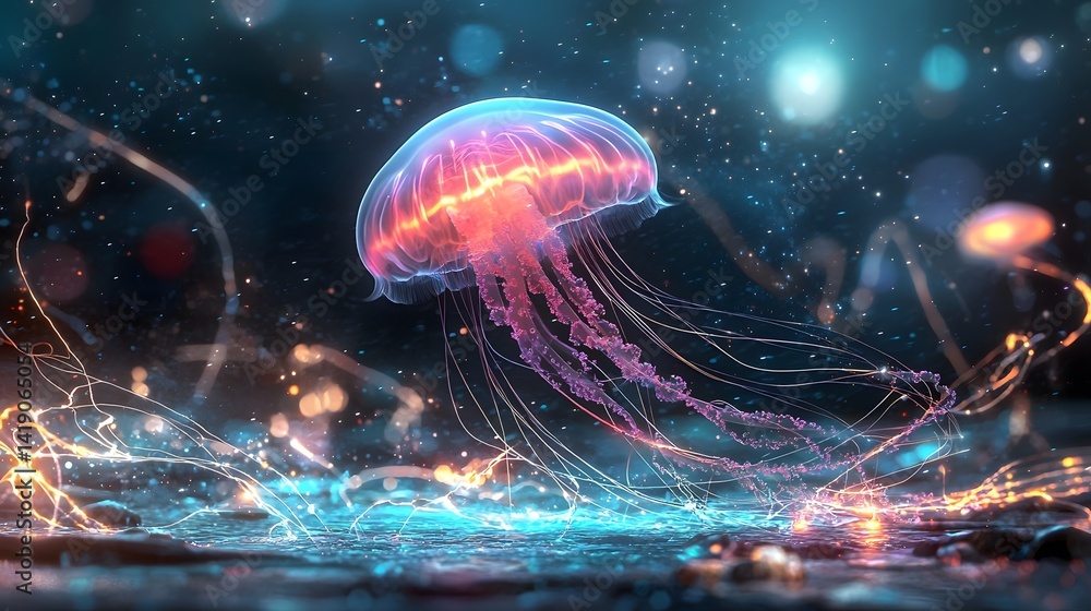 Poster surreal and ethereal jellyfish drifting in a luminous galactic ocean reflecting cosmic waves of ener