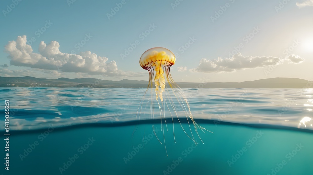 Poster a captivating image of a crystal clear jellyfish with shimmering golden filaments gracefully hoverin