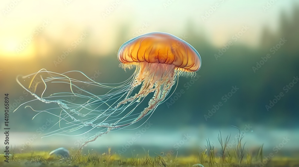 Poster ethereal jellyfish like sculpture drifting in a surreal dreamlike underwater realm its movements slo