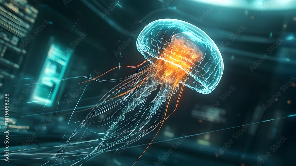 Poster a captivating digital artwork depicting a mesmerizing jellyfish like creature composed of a network 