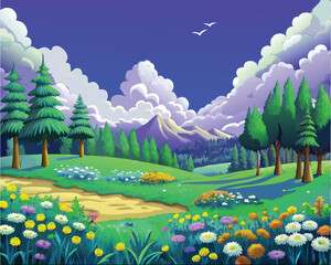 Fototapeta premium A serene countryside path winds through a vibrant meadow surrounded by lush forest under a dreamy, cloud-filled sky.