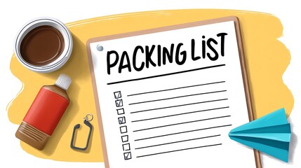 Essentials for Travel Preparation with Packing List on Clipboard, Coffee Cup, and Materials Nearby