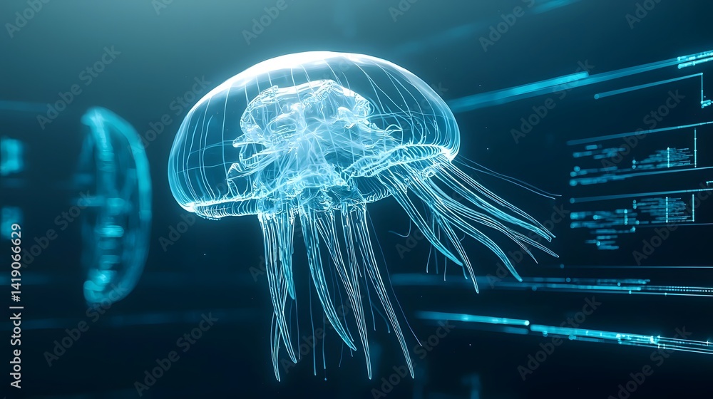 Poster luminous jellyfish constructed from pure energy waves surreal and sci fi inspired with mesmerizing u