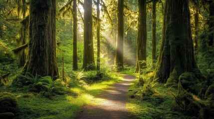 Naklejka premium A peaceful, sun-dappled path through a dense forest with towering trees, their trunks covered in moss and the sunlight filtering through the lush canopy.