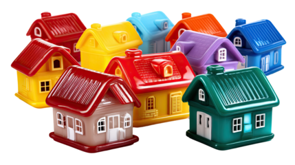 Colorful House Collection: A vibrant arrangement of miniature houses in a variety of bright colors. Emphasizing ideas of home, real estate and community. 