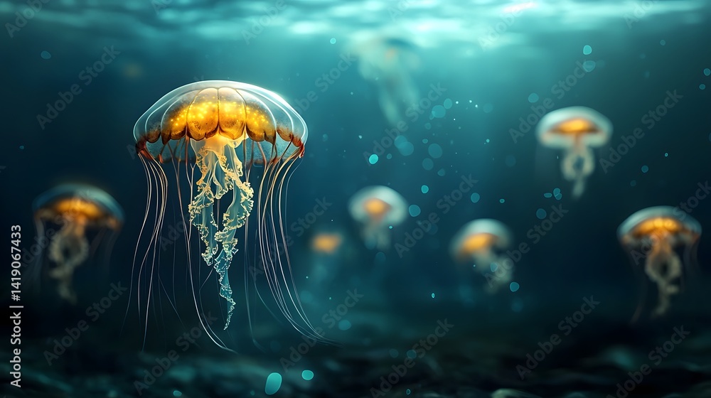 Poster glowing golden jellyfish floating in a serene endless blue abyss creating a surreal dreamlike deep s