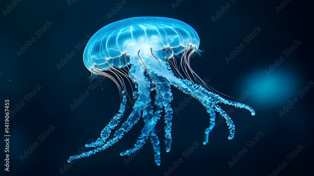Poster captivating underwater scene featuring a jellyfish with a mesmerizing futuristic material design the