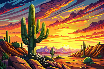 A large saguaro cactus vector dominates this arid Sonoran desert landscape at sunset time with amazing sky and rocks