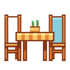 Fototapeta premium Pixel art dining table and two chairs in retro style
