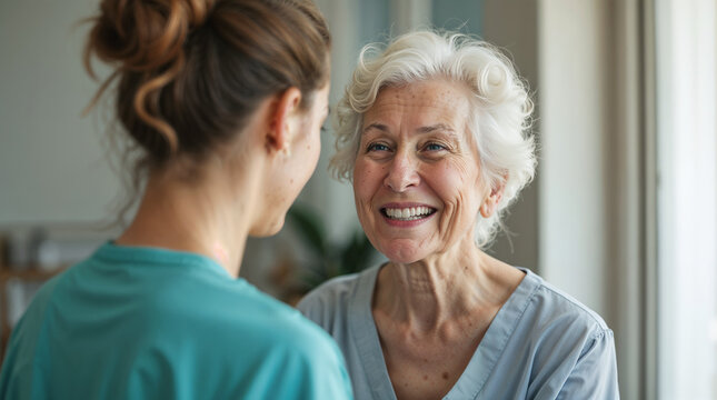 Portrait of happy elderly woman with female caretaker indoors. Care and support of seniors in private clinic hospice nursing house.