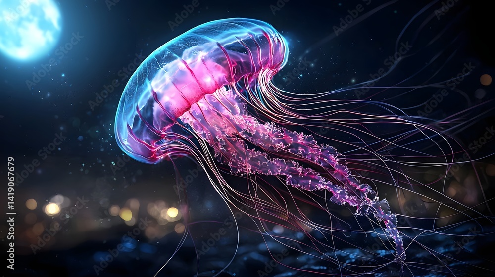Poster mesmerizing neon colored jellyfish with graceful transparent filaments drifting in a serene moonlit 