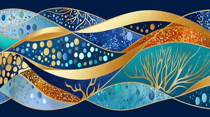 Obraz premium Abstract Gold and Blue Watercolor Wave Pattern Design with Golden Branches and Dots
