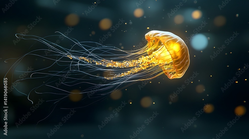 Poster a captivating digital of a jellyfish made of shimmering liquid gold its graceful tendrils moving ele