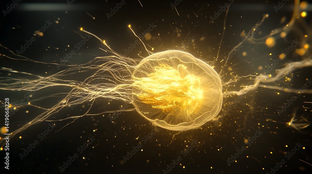 Poster mesmerizing image of a jellyfish made entirely of liquid gold its shimmering tendrils swaying and mo