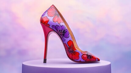 Elegant high heels painted with bold floral patterns in red and purple, floating against a soft lavender-to-pink gradient backdrop.
