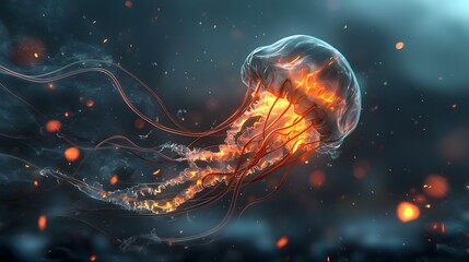 A captivating fire like jellyfish its tendrils flickering with bright orange and red flames swimming in a surreal underwater dream vision